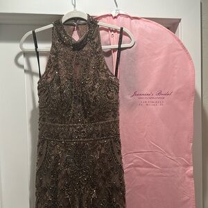 Ivonne D, A Montage Collection full length gown. Hand-beading. Size 4. Mocha